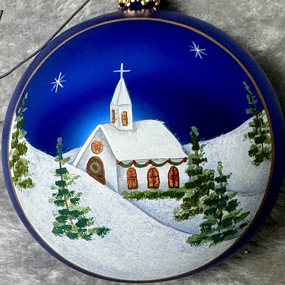 Vintage Hand Painted Glass Ornaments Cottagecore Set 2 Christmas Angel Church - Picture 7 of 8
